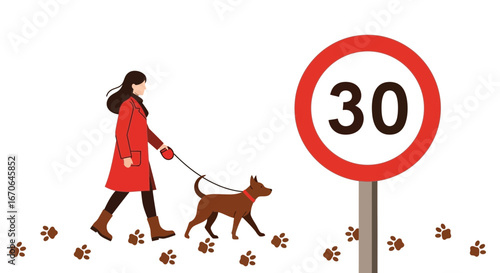 Woman Walks Dog on Leash Near Traffic Sign Showing Speed Limit