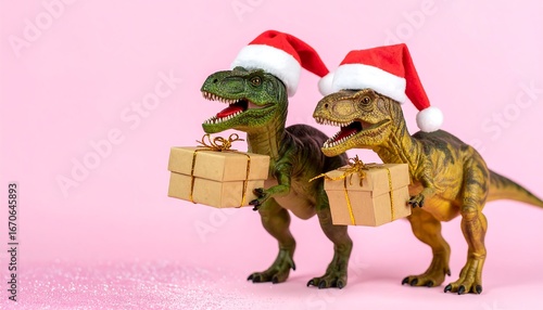 Fototapeta Naklejka Na Ścianę i Meble -  Two playful dinosaur figurines, wearing festive Santa hats, hold presents against a soft pink backdrop.