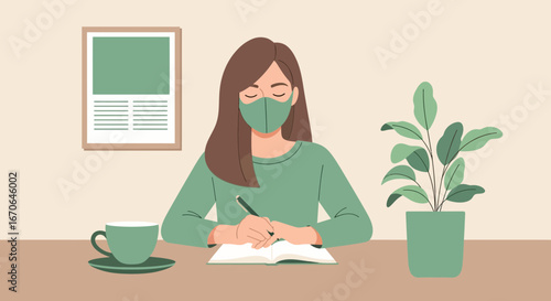 Woman Wearing Mask Writing In Notebook And Drinking Coffee Flat Vector