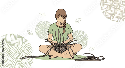 Woman Weaving A Basket, Handcraft Traditional Hobby, Creative Leisure Activity