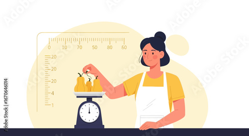 Woman Weighing Pears On A Kitchen Scale For Healthy Nutrition Concept
