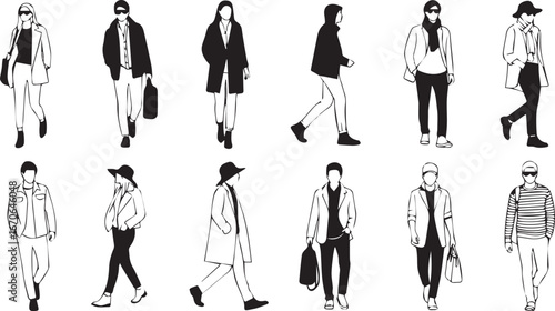 Collection of diverse fashionably dressed people in a modern style illustration