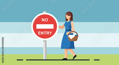 Woman With Basket Walking Near No Entry Sign On A Road Illustration