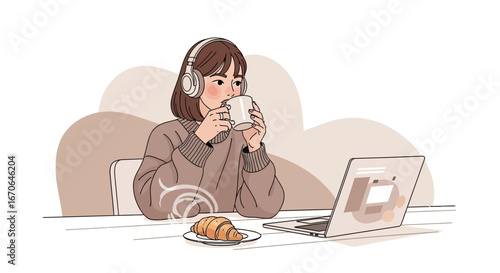 Woman With Headphones Enjoying Coffee And Croissant During Online Studying
