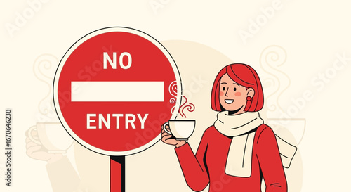 Woman With Hot Beverage Stands By No Entry Sign Illustration