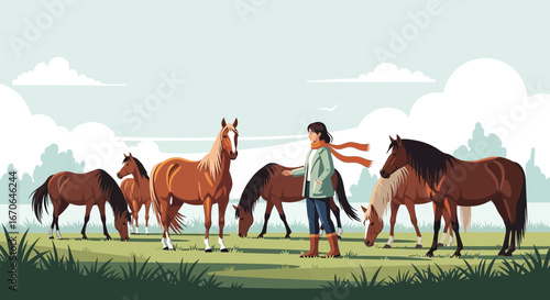 Woman With Horses Grazing On The Field Under Cloudy Sky Landscape