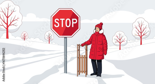 Woman With Sled Stopped at The Stop Sign Ready To Enjoy The Snow