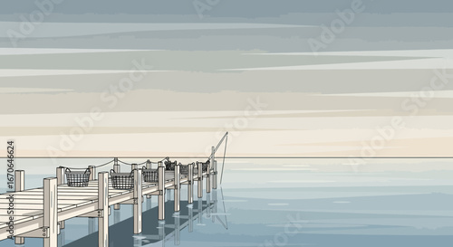 Wooden Pier With Fishing Rod And Baskets Illustration At A Calm Ocean