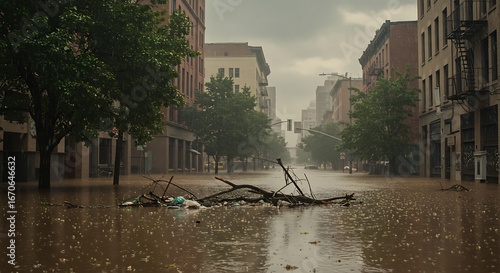 Devastating urban flood submerges city streets after torrential downpours highlighting climate