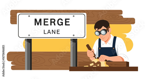 Woodworker Creates A 'Merge Lane' Traffic Sign As A Conceptual Illustration
