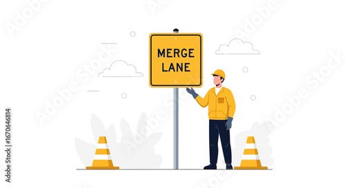 Worker Directing Traffic At A Merge Lane With Cones Road Safety Banner
