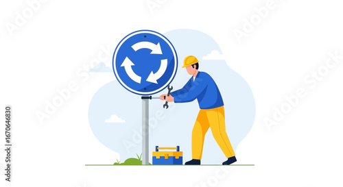 Worker Correcting Roundabout Sign Illustration Symbolizing Infrastructure Maintenance