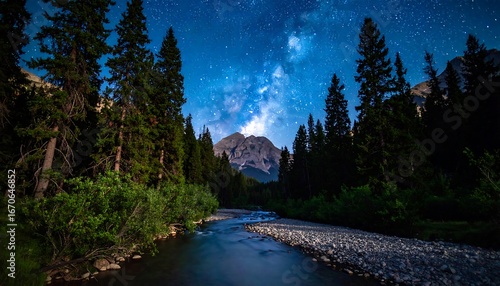 Milky Way over mountain river.