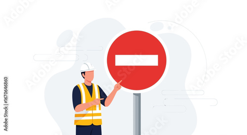 Worker Indicates No Entry Zone Symbolizing Construction Site Restriction Awareness