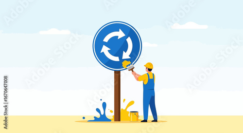 Worker Painting Roundabout Sign With Brush On Sunny Day For Public Safety