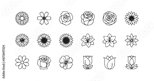 Flower head line art icon bundle illustration
