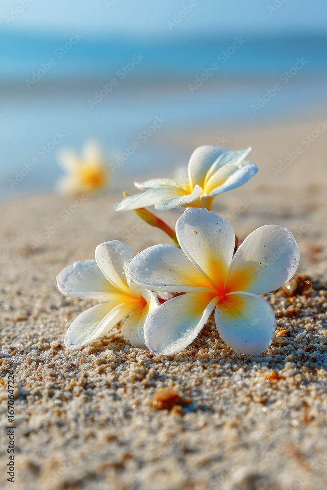 Plumeria flowers on the beach on the sand. selective focus. Generative AI, Plumeria flowers on the beach on the sand. selective focus. Generative AI,