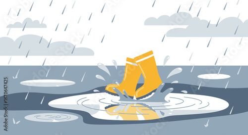 Yellow Rubber Boots Splashing In A Puddle During Rain Showers Background