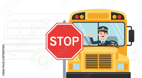 Yellow School Bus With Friendly Driver And A Red Stop Sign Illustration