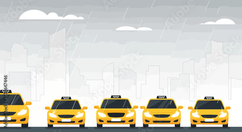 Yellow Taxi Fleet Awaiting Passengers In A Cityscape During A Rainy Day
