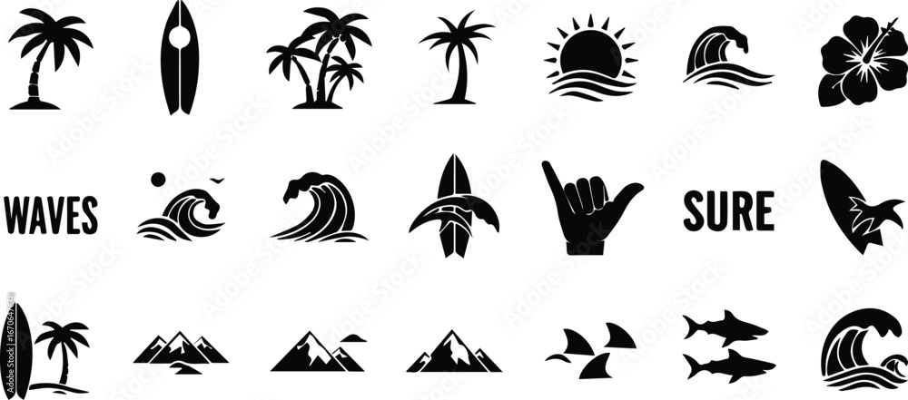 Naklejka premium Collection of black and white surf and beach themed icons and symbols