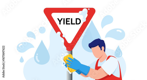 Yield Sign Being Washed By Maintenance Worker With Soap And Sponge