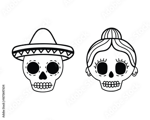 Cartoon Mexican Skulls with Sombrero and Hair Bun on White Background culture day of the dead