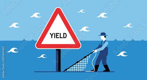 Yield Sign Beside Fisherman Reflects The Consequences of Depleted Fishing