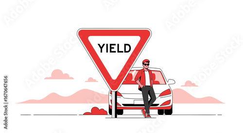Yield Sign Beside Modern Car And Person Concept For Road Safety Awareness