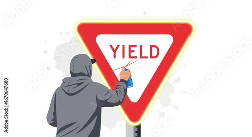 Yield Sign Graffiti Art With Vandal Spraying The Street Symbol Concept