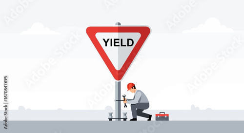 Yield Sign Installation Worker Fixing Road Direction With Toolbox Minimalist Style