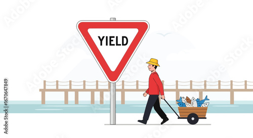 Yield To Fresh Catch Seaside Illustration Fisherman With Fish Cart Near Sign