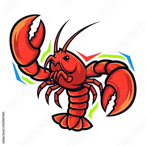 Lobster: A vibrant, cartoonish rendering of a striking red lobster, showcasing its powerful claws, long antennae, and a curious gaze.
