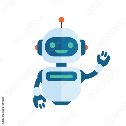Friendly robot waving hello, a cute AI character for technology, innovation, and futuristic designs, perfect for kids and educational content