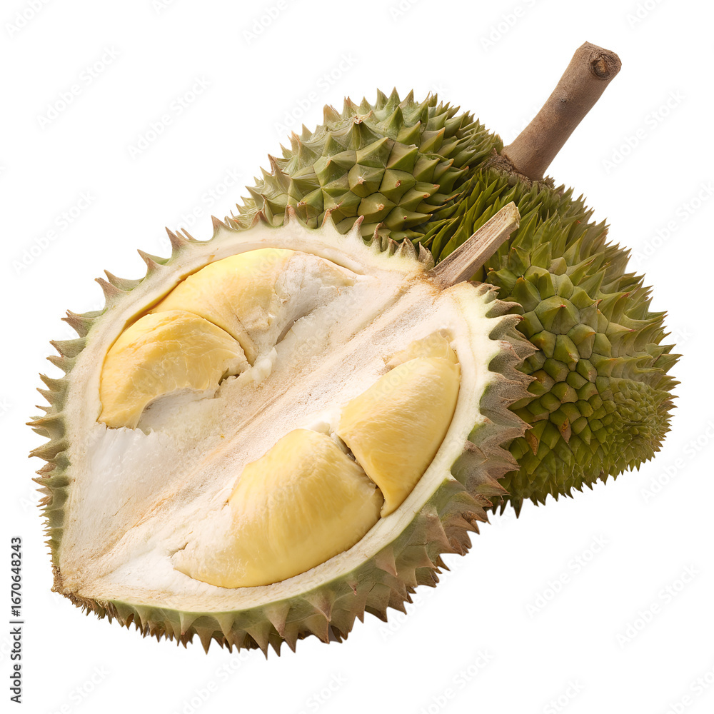 Fototapeta premium Fresh Durian Fruit Isolated on Transparent Background for Exotic Tropical Design
