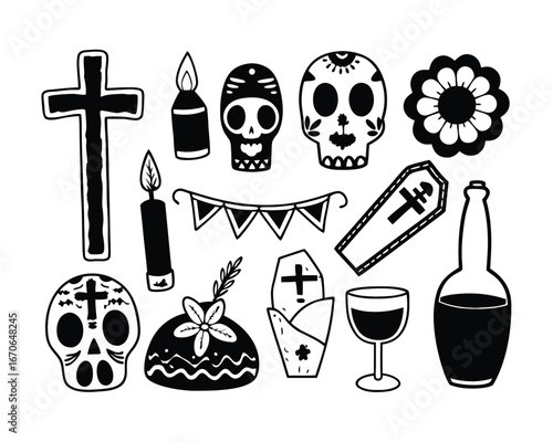 Day of the Dead Mexican holiday icons including sugar skulls crosses coffins and candles