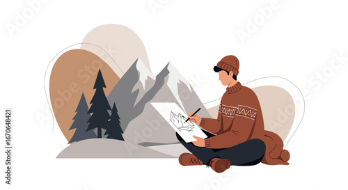 Young Artist Capturing Majestic Mountain Landscape With Hand Drawn Sketch