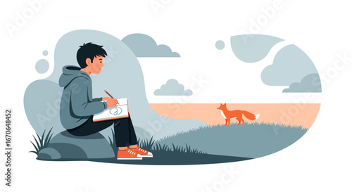 Young artist drawing fox in nature cartoon illustration with soft colors and peaceful atmosphere