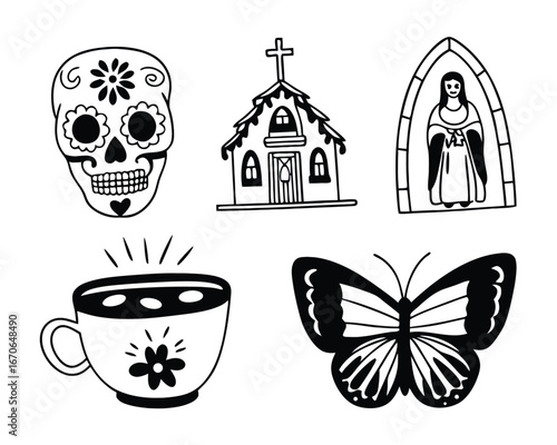 Day of the Dead skull church cup butterfly and religious figure