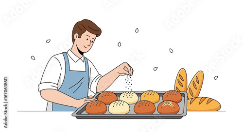 Young Baker Sprinkle Seed On Fresh Buns In The Bakery Shop Preparation