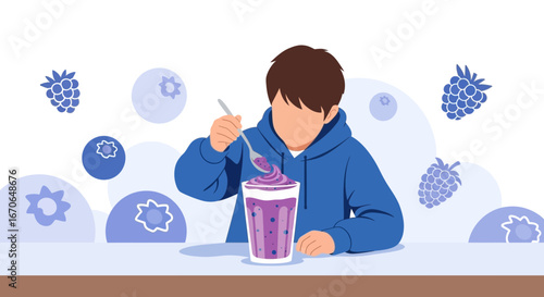 Young Boy Enjoying A Healthy Blueberry Smoothie In Glass At Home