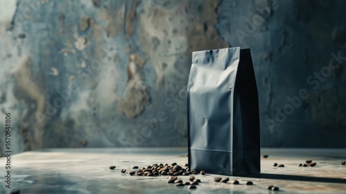 Black Coffee Bag with Coffee Beans on Rustic Surface in Artistic Studio Setting