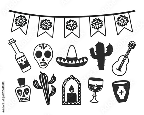 Dia de los Muertos Icons With Skulls Cactus Guitar and Flowers day of the dead sugar skull