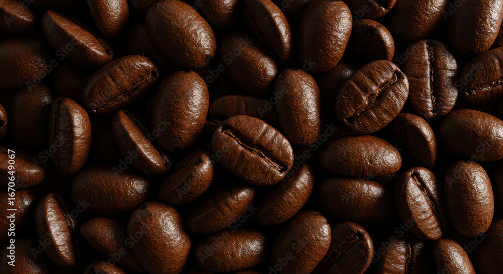 Naklejka premium Rich aromatic roasted coffee beans close-up macro view of dark brown coffee seeds texture