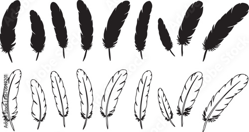 Collection of hand drawn feather silhouettes and outlines