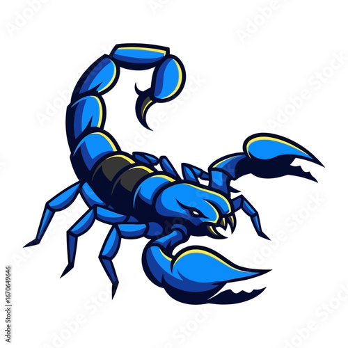 Blue scorpion illustration: A vibrant blue scorpion with intricate details stands out against a clean background, showcasing its strong pincers and deadly tail.