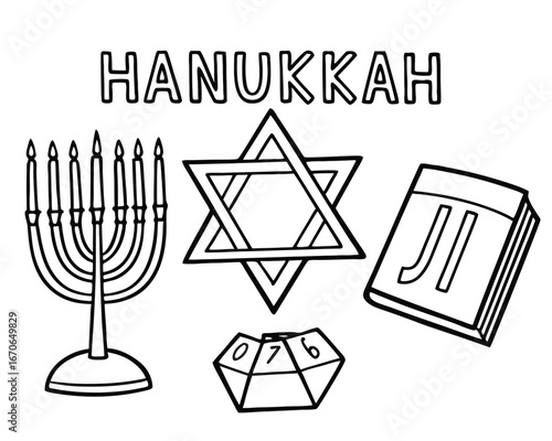 Hanukkah symbols including menorah star of David dreidel and book