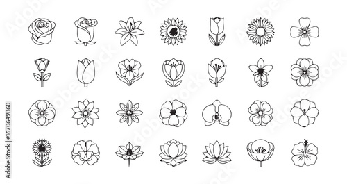 Flower head line art icon bundle illustration