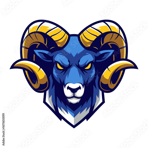 Strong Ram Mascot: A powerful and determined ram mascot with vibrant colors, embodying strength, resilience, and a competitive spirit, rendered in a dynamic graphic style.