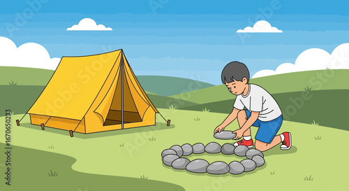 Young Boy Prepares A Campsite With A Tent In A Lush Green Valley